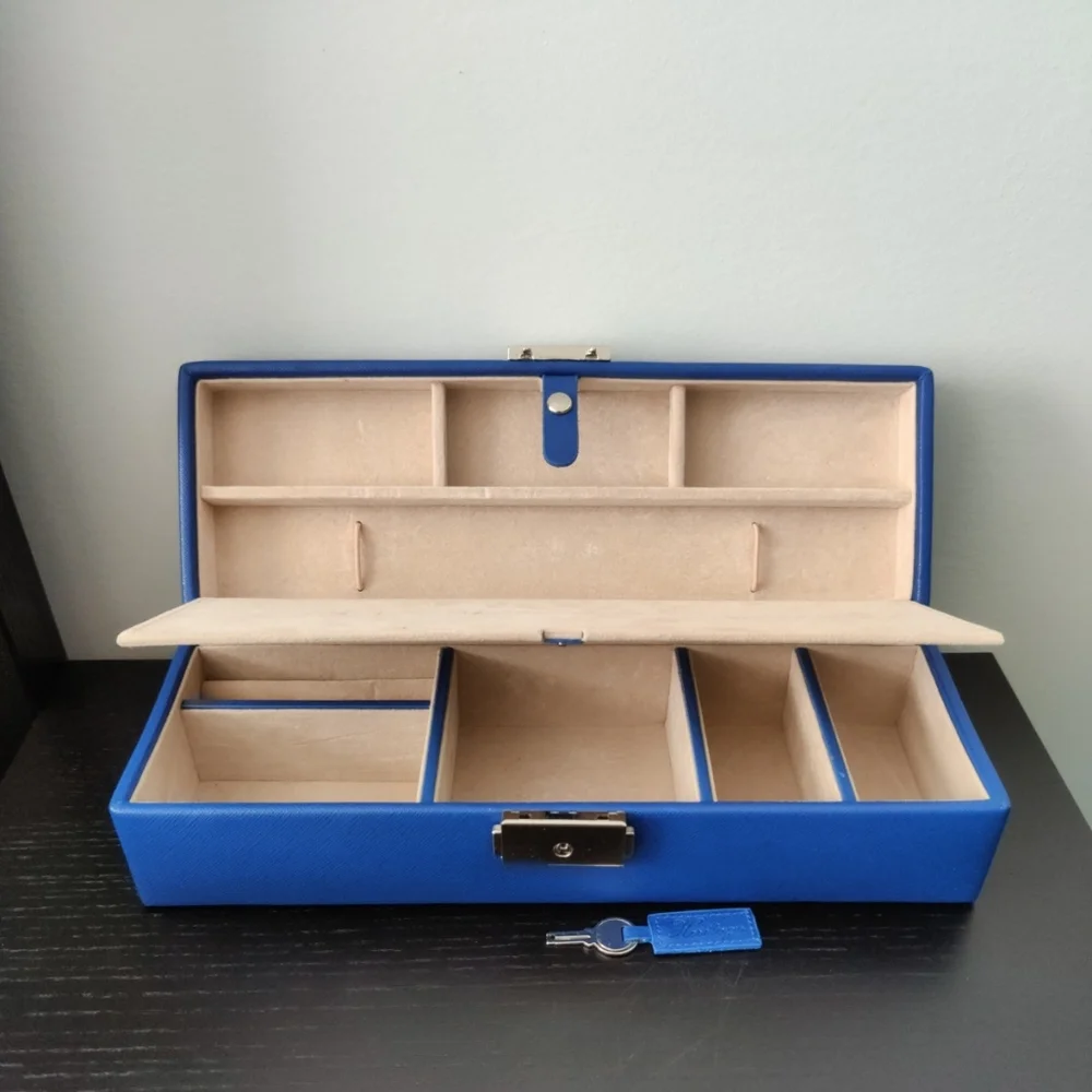 WOLF heritage Safe Deposit Jewelry Organizer Box With Compartment and Lock Blue